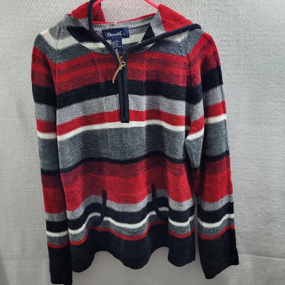 Denim & Co Chunky Red, Black & Gray Pullover Sweater With Hood Size L 122623-586 - Picture 2 of 6